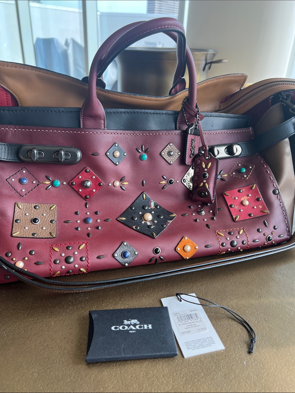 COACH Burgundy Leather Studded Satchel with Multicolor Accent Studs